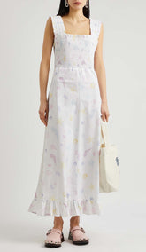 MIDIKLEID MIT MUSCHELPRINT UND TRÄGERN IN WEISS